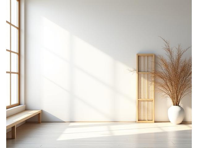 A serene, minimalist living space featuring bamboo accents, natural wood furniture, and ample natural light, demonstrating intentional clutter-free living.