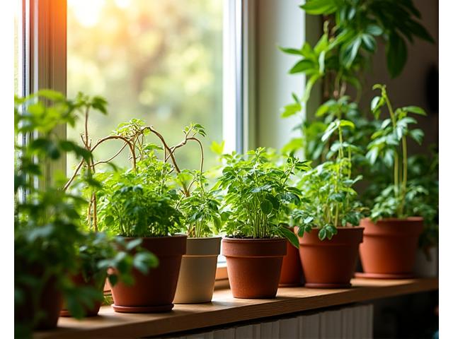 A vibrant indoor vegetable garden with various herbs and small plants in natural pots, a bamboo trellis supporting climbing plants, and soft sunlight filtering through.
