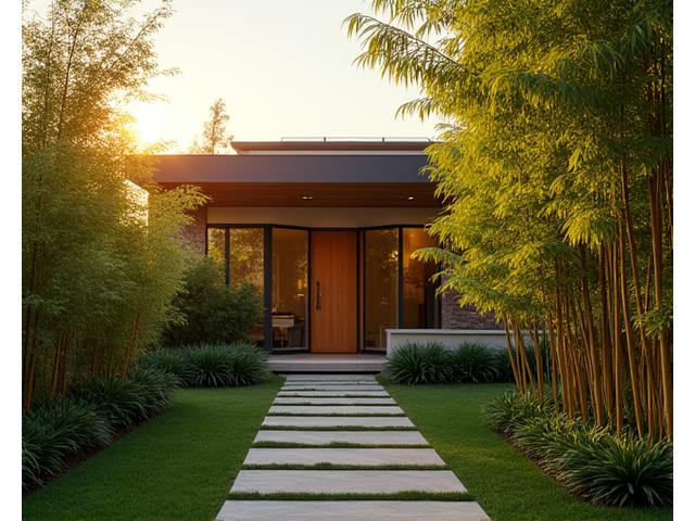 Beautiful sustainable home in Austin with large bamboo plants in the foreground, showing clean energy and natural materials.