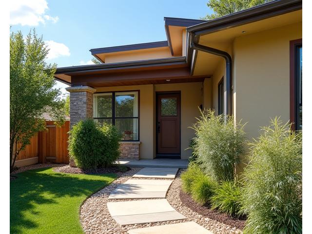 A modern home with a visually appealing rain barrel system integrated into the landscaping, surrounded by drought-tolerant plants and decorative bamboo.