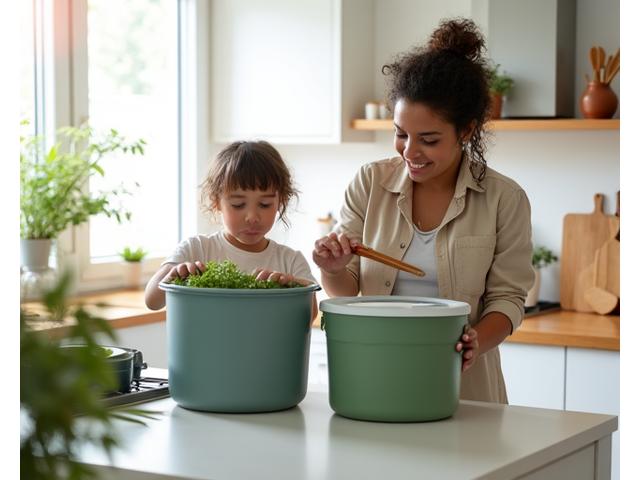 A family happily sorting compost and recyclables in a brightly lit kitchen, with bamboo storage containers.