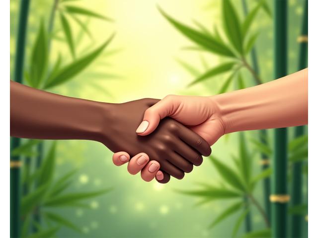 Illustration of two hands gently shaking with bamboo stalks in the background, symbolizing clear and transparent agreement.